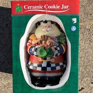 Santa cookie jar new in box with 3 bells attached